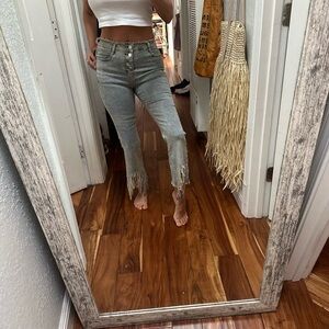 Chic light blue denim rhinestone Fringe Hem Cropped Jeans 26